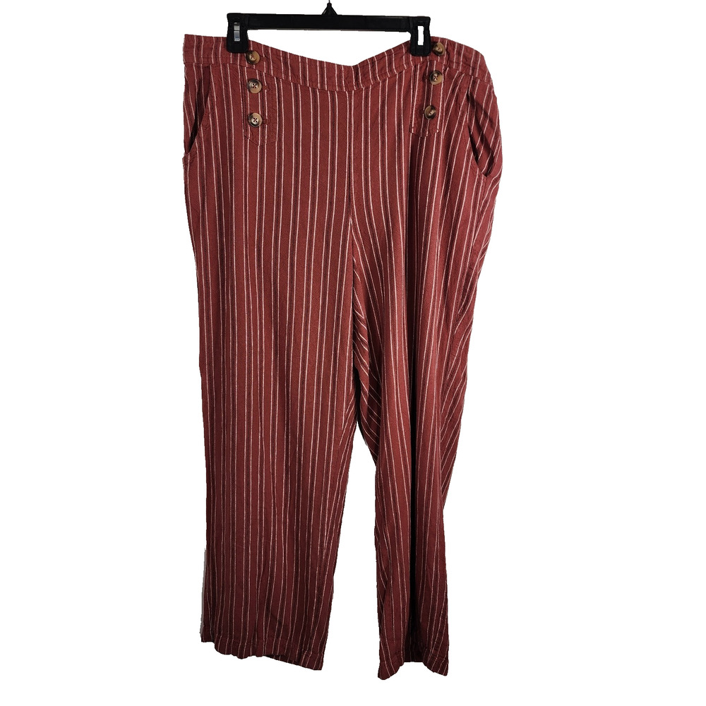 Maurices Womens Striped Linen Blend Wide Leg Pants Rust Buttons XXL Nautical